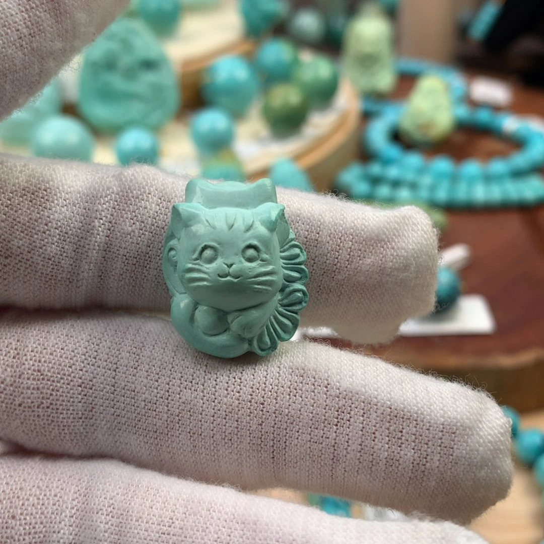 绿松石未镶嵌珠宝奇石高瓷绿小猫