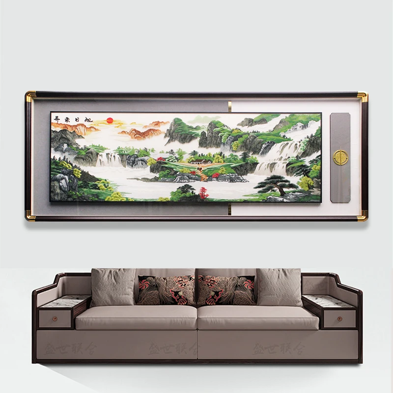 旭日东升苏绣客厅沙发背景墙装饰画山水风景画实木画框加厚背板