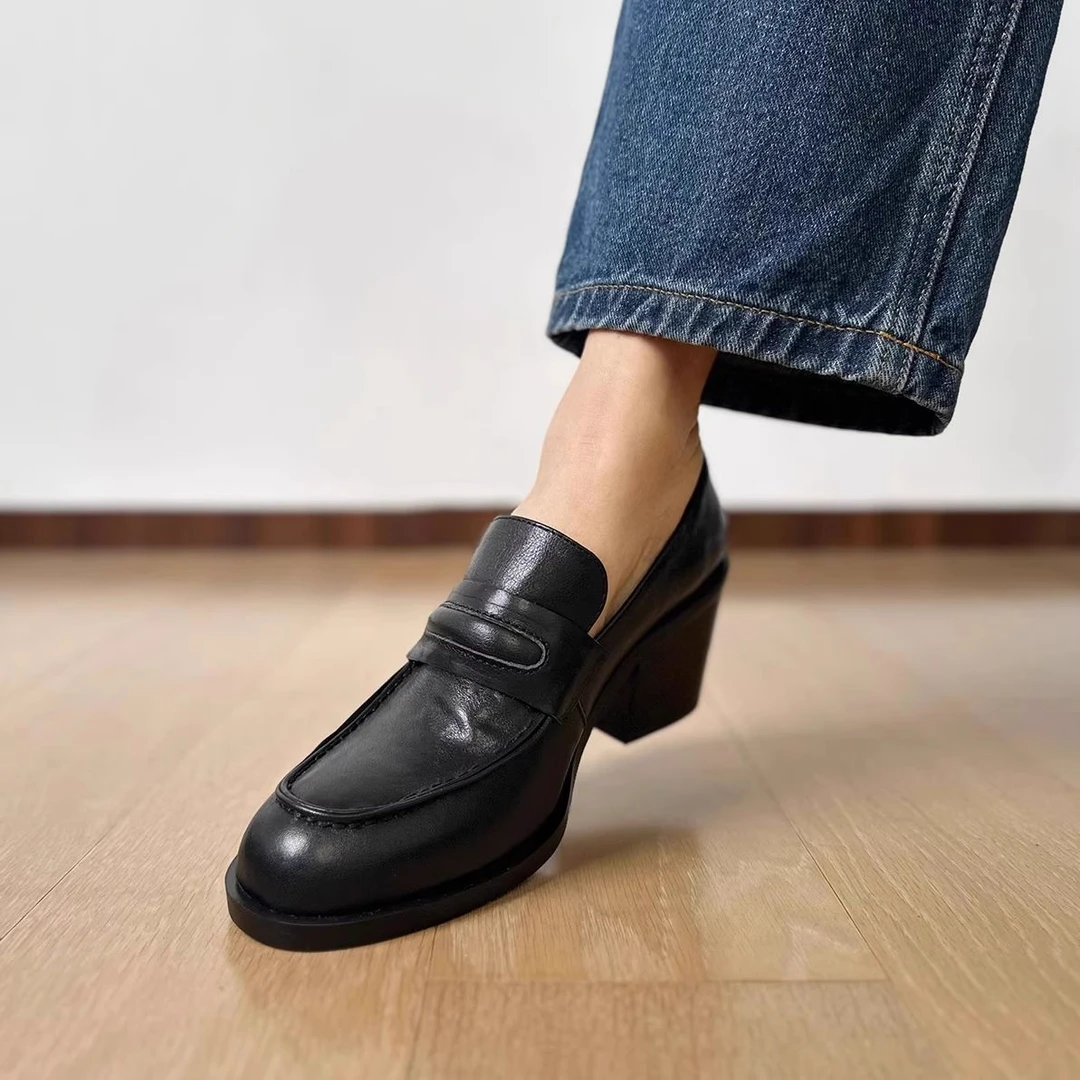 OOZHOU高智感马皮复古乐福鞋女粗跟高跟小皮鞋英伦风深口单鞋