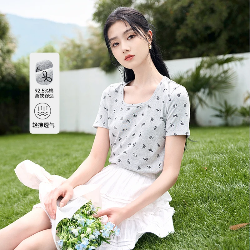 【粉丝专属】X842407 T恤 香影正肩短袖女夏季新款体恤蝴蝶结印