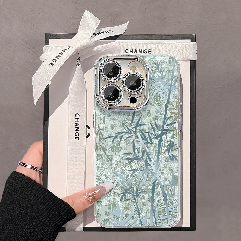 百福蓝竹适用苹果15华为vivo/oppo小米iPhone16精孔冰川纹手机壳