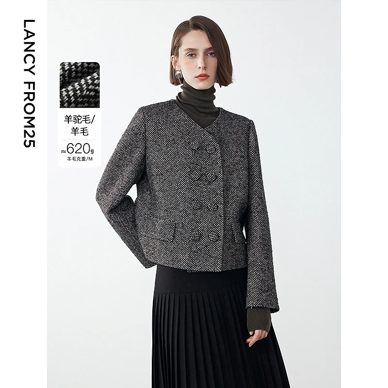 朗姿复古高级感时尚短款毛呢外套2024年新款冬季通勤法式气质上衣
