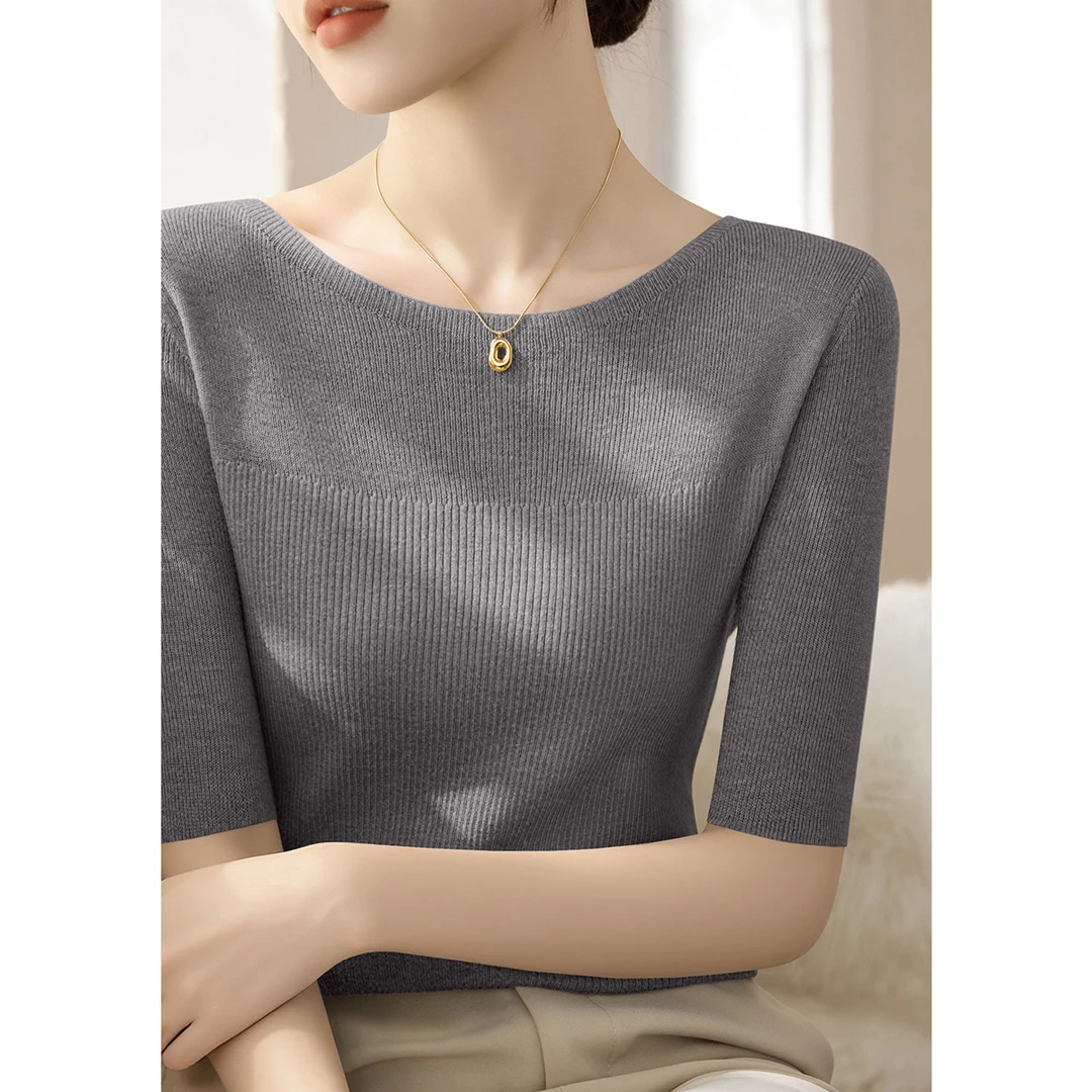 一字领套头修身显瘦五分袖t恤针织衫女装秋季新款百搭薄款上衣