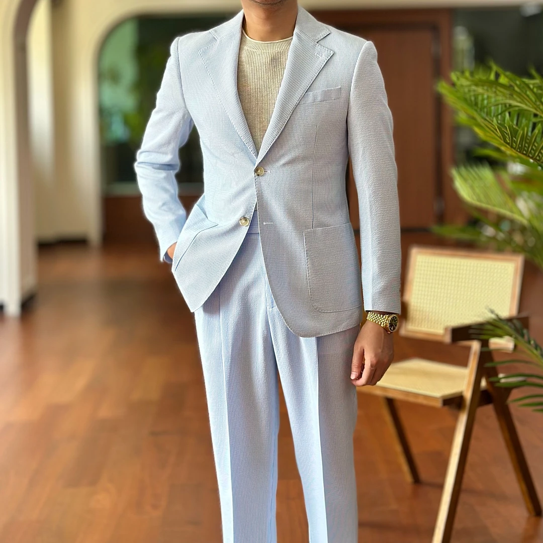 意式高级夏季薄款泡泡纱西服套装休闲时尚条纹男士外套潮