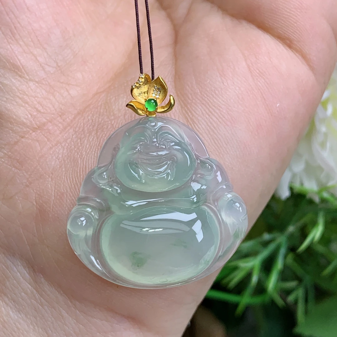 缅甸天然翡翠A货玉8k高冰起光晴绿飘花佛公吊坠凯尺寸34.3×29×6.1