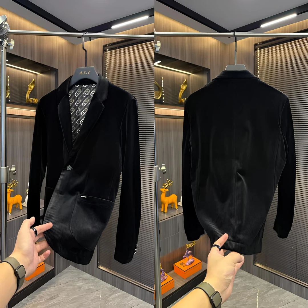 修身型秋季男装小西装轻奢长袖男士西装黑色条纹韩版商务西服