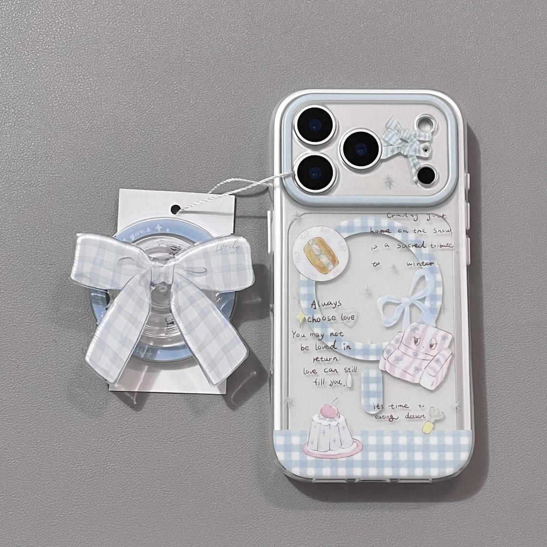 磁吸壳ins甜品蓝色格纹蝴蝶结适用苹果17手机壳iPhone16磨砂15/14