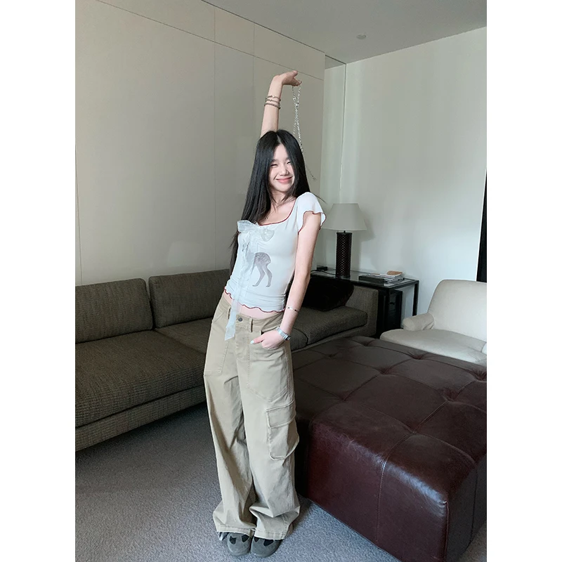 YOKLASS少女家 卡其色直筒工装裤子老钱风松弛感休闲裤K35787S52