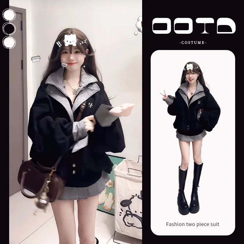 入秋一整套女装2024新款韩版时尚百搭宽松拼接夹克外套短裙两件套