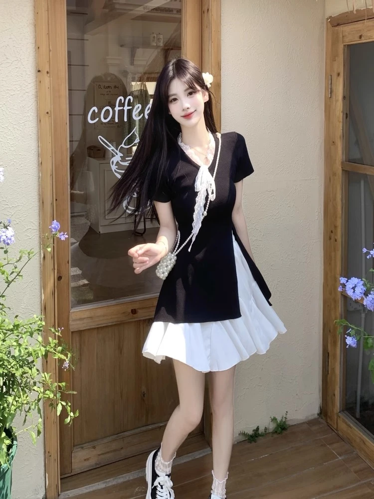 减龄甜美风蕾丝短袖T恤不规则上衣套装女大码夏季显瘦半裙两件套