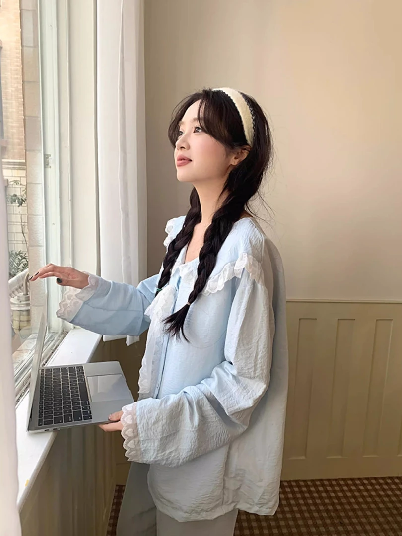 睡衣女春秋蕾丝边2024新款春秋季长袖可外穿高级小个子可爱家居服