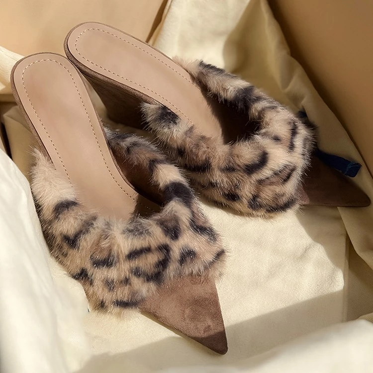 25秋冬新款性感高跟豹纹毛毛拖鞋女外穿坡跟毛毛鞋尖头坡跟凉拖鞋