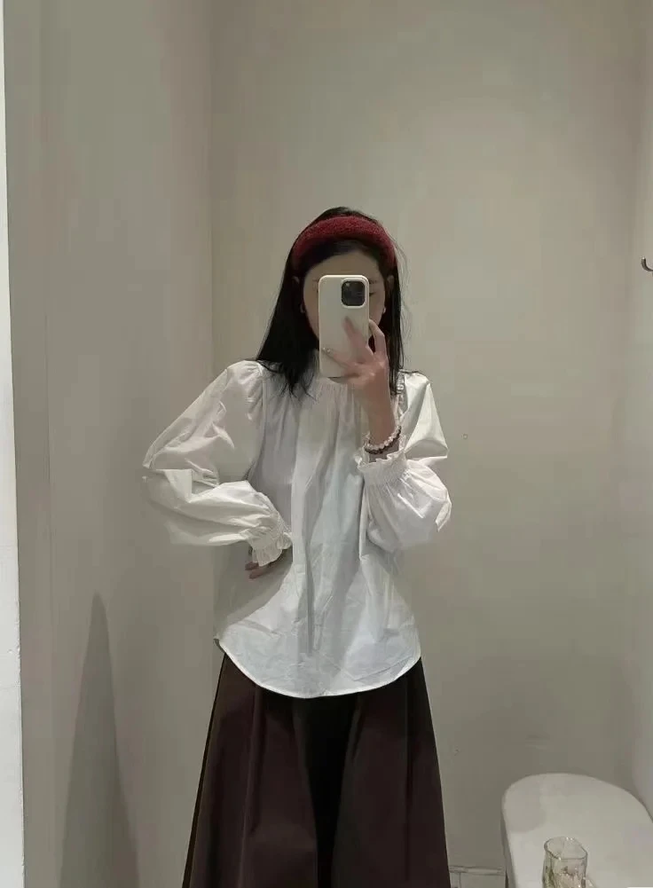 2025春季新款木耳边立领衬衫女设计感小众洋气百搭休闲白色衬衣潮