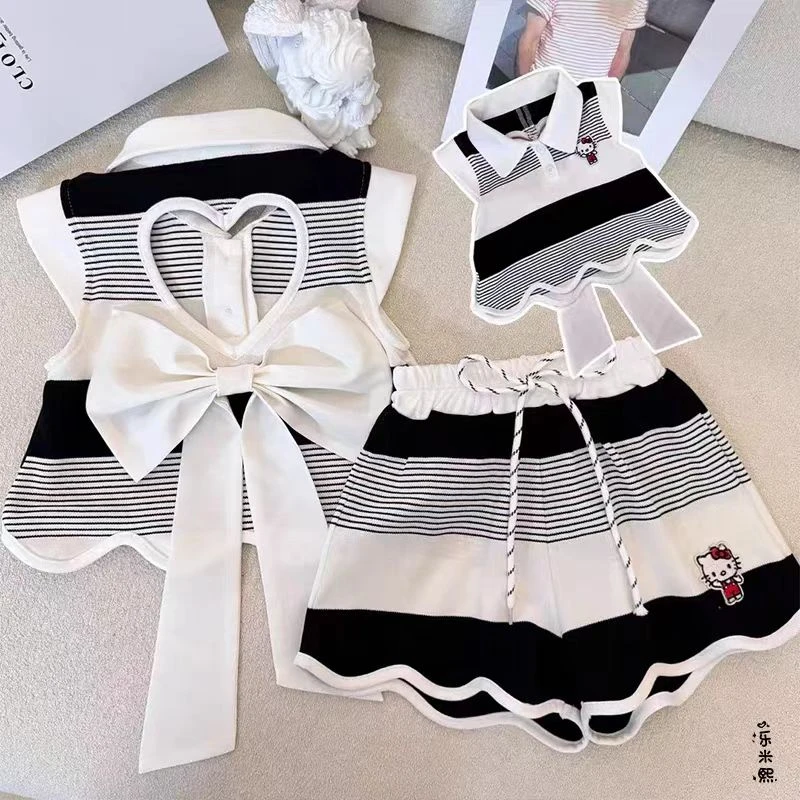 女童蝴蝶结无袖短裤套装夏季2025新款jk学院风polo衫条纹背心甜美