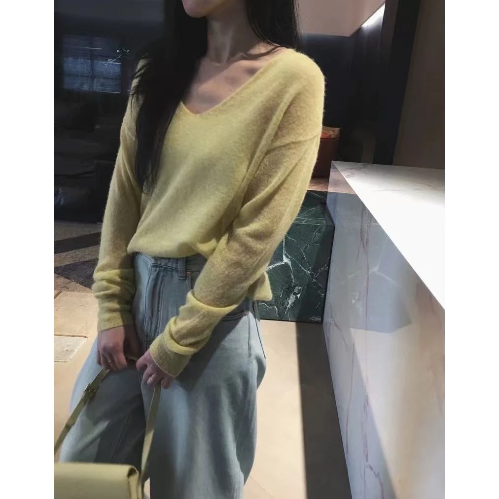 QianRH-9900春季新款马海毛显瘦长袖百搭气质V领针织衫上衣