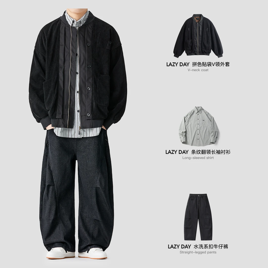 LAZY DAY原创男装美式复古假两件拼接球领夹克男秋季工装外套潮