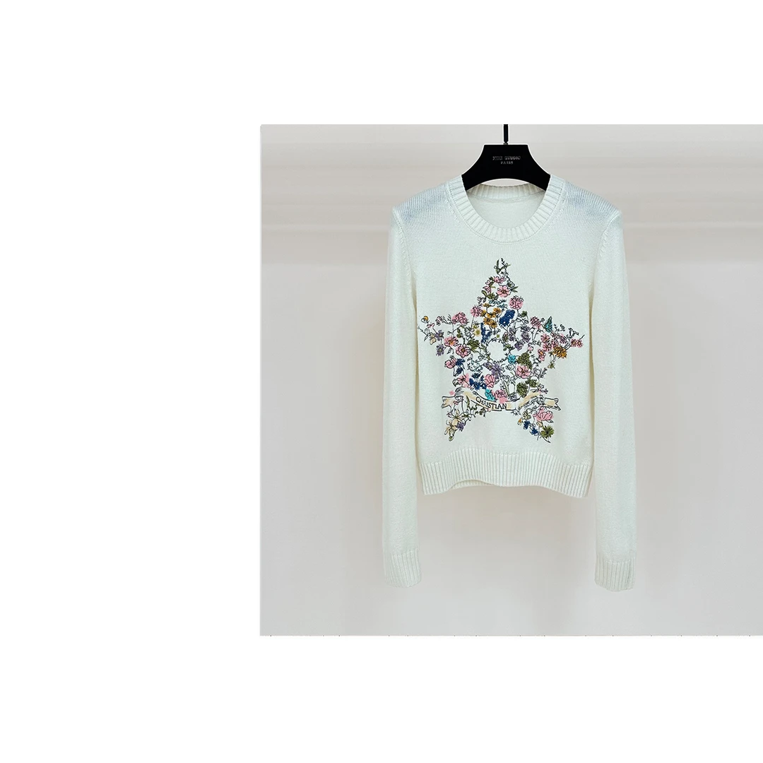 JIAYE CHAN优雅名媛风花卉五角星圆领长袖针织上衣