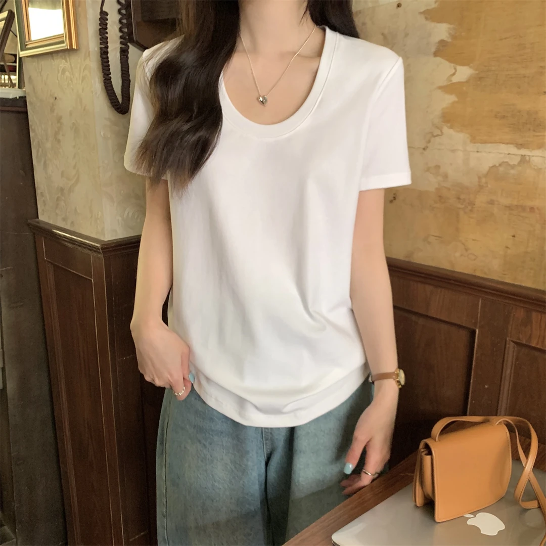 2025夏季韩版u领宽松百搭基础气质设计感纯色简约棉短袖T恤上衣女