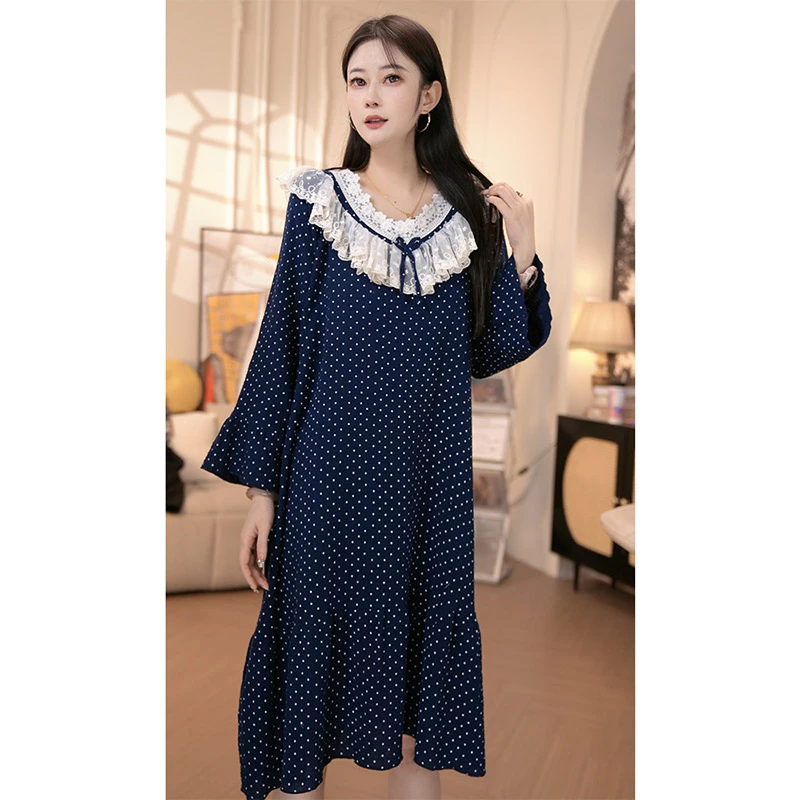 复古公主风蕾丝纯棉波点睡裙女春夏天娃娃衫双层棉纱韩版家居服
