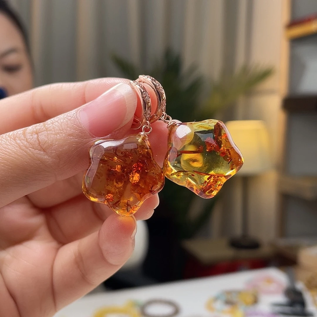 琥珀裸石银S925镀金镶嵌琥珀耳环