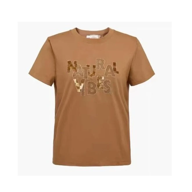 雅家圆领T恤2025新款咖色亮片字母重工刺绣短袖女装上衣5008