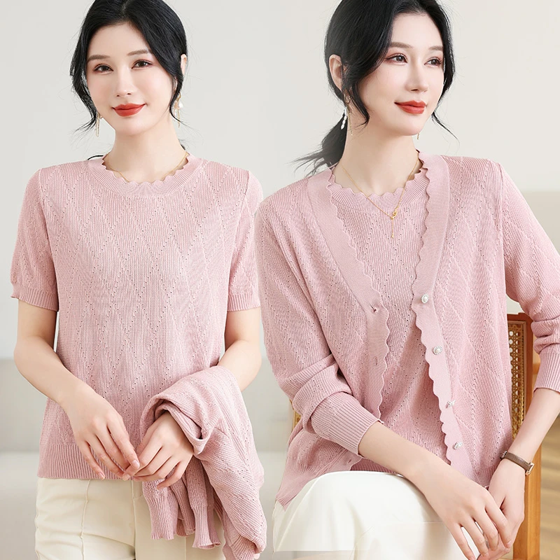 妈妈春装新款针织衫上衣两件套时尚中老年女装薄短袖洋气开衫外套