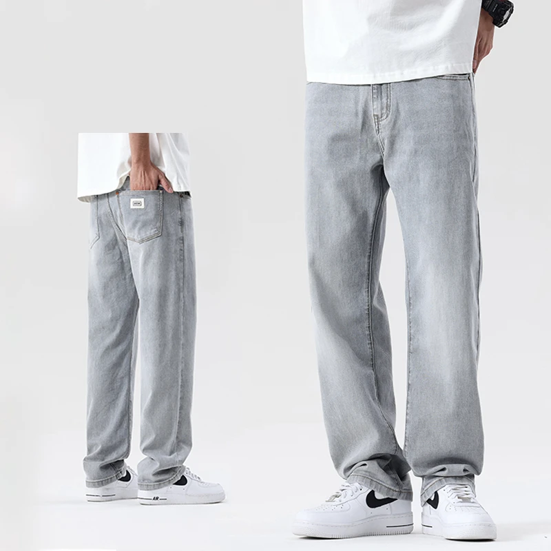 灰色阔腿裤子男夏季薄款牛仔裤男生垂感重磅时尚休闲宽松直筒长裤