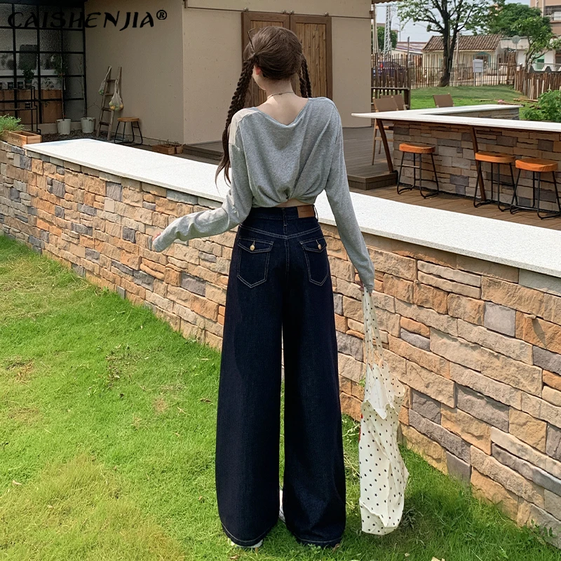 深蓝色阔腿牛仔裤女2025秋季新款高腰宽松显瘦垂感直筒拖地长裤子