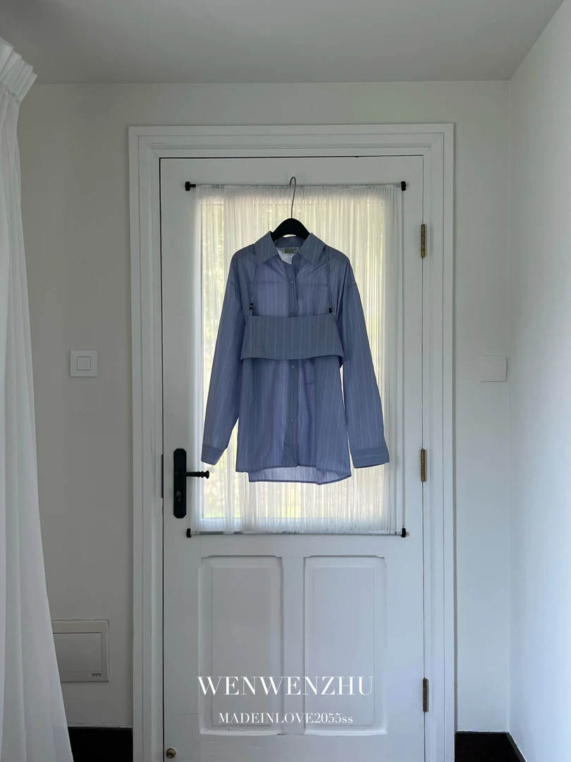 WENWENZHU韩版条纹吊带衬衫防晒两件套女小众通勤设计感宽松上衣