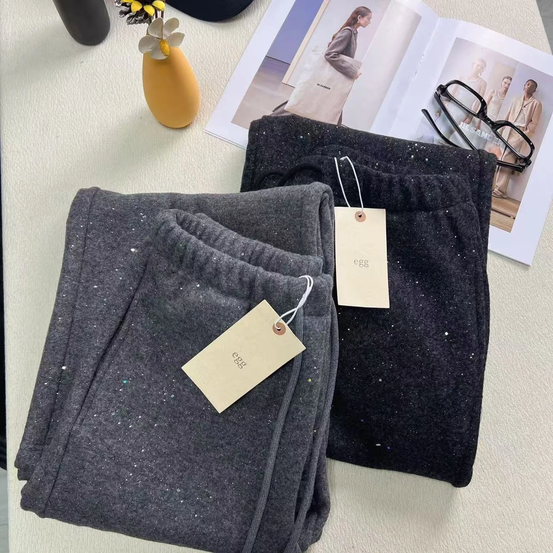 2025新款韩单百搭休闲云感亮片毛呢裤弯月阔腿裤-21723