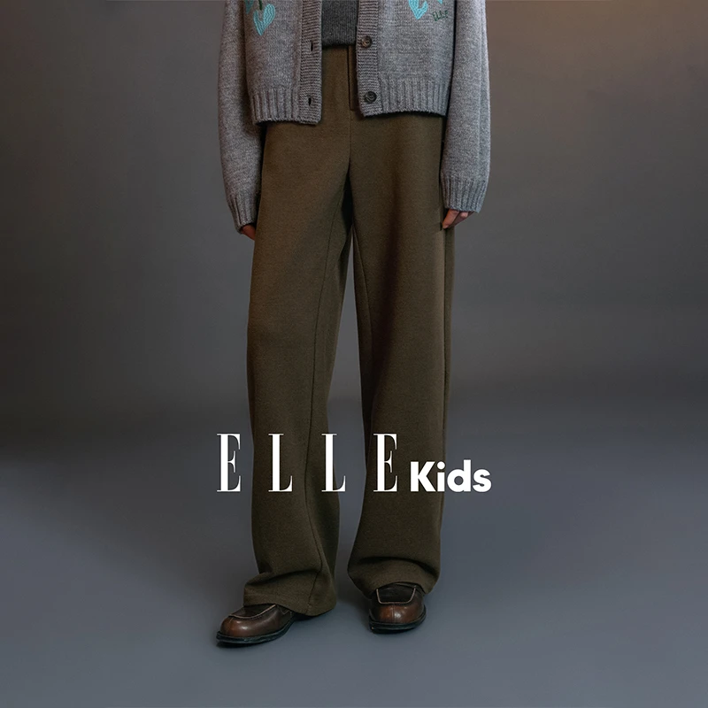 ELLE KIDS 毛呢弯刀休闲长裤女童秋冬法式简约风廓形裤D4