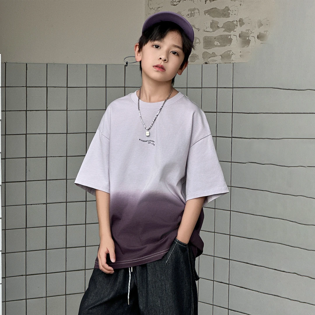 男童夏季韩版短袖T恤2025新款中大男童洋气百搭休闲宽松渐变短袖T