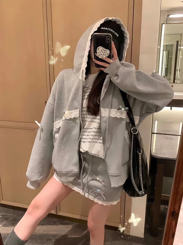 大码女装东大门设计感蕾丝花边蝴蝶结卫衣裙子套装