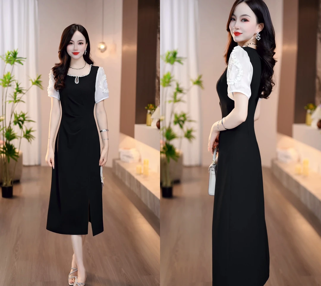 2025夏季新款黑白拼接珍珠领端庄典雅设计中长款修身连衣裙M-4XL