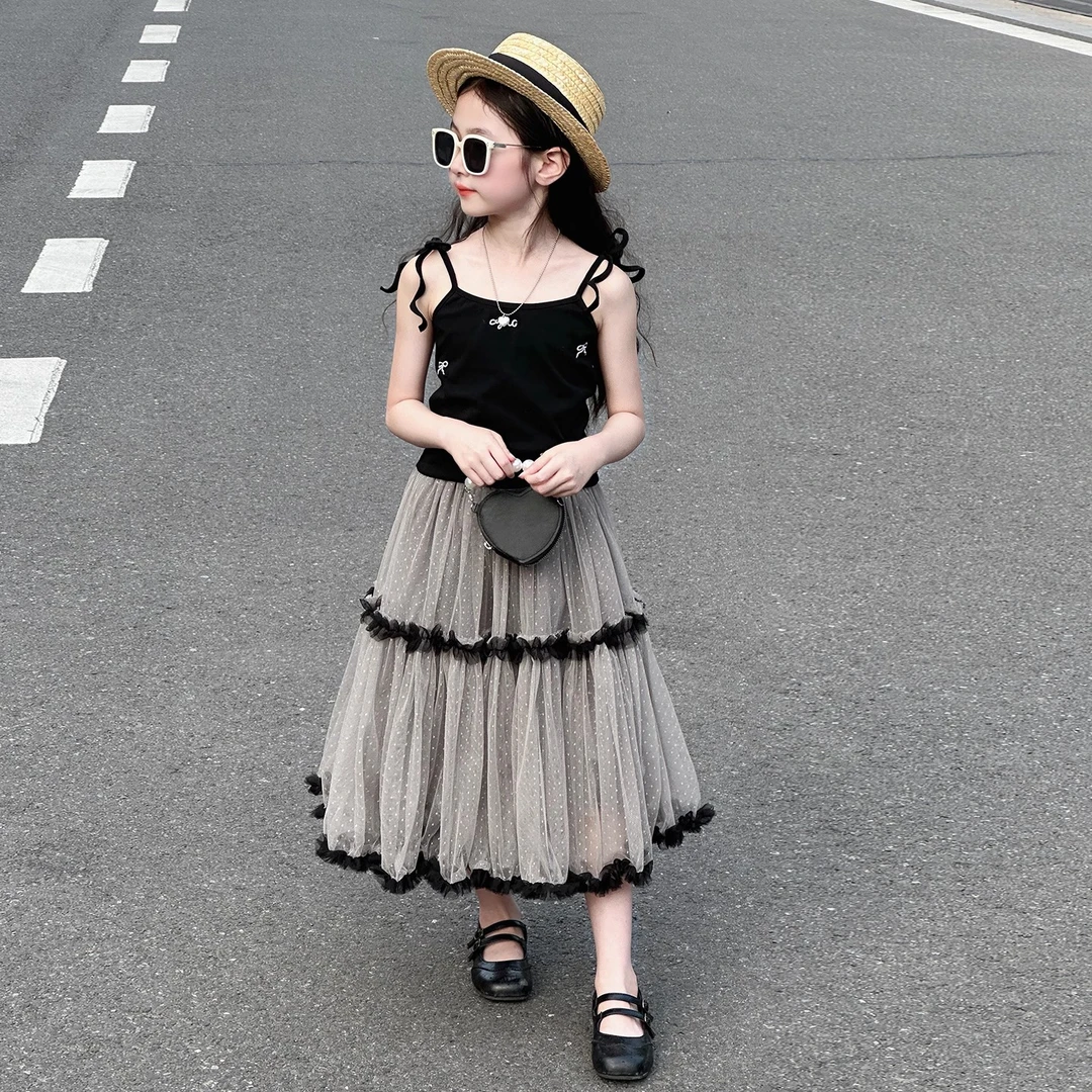 女童夏季套装2025新款时尚女孩韩系中大童洋气吊带纱裙两件套潮款