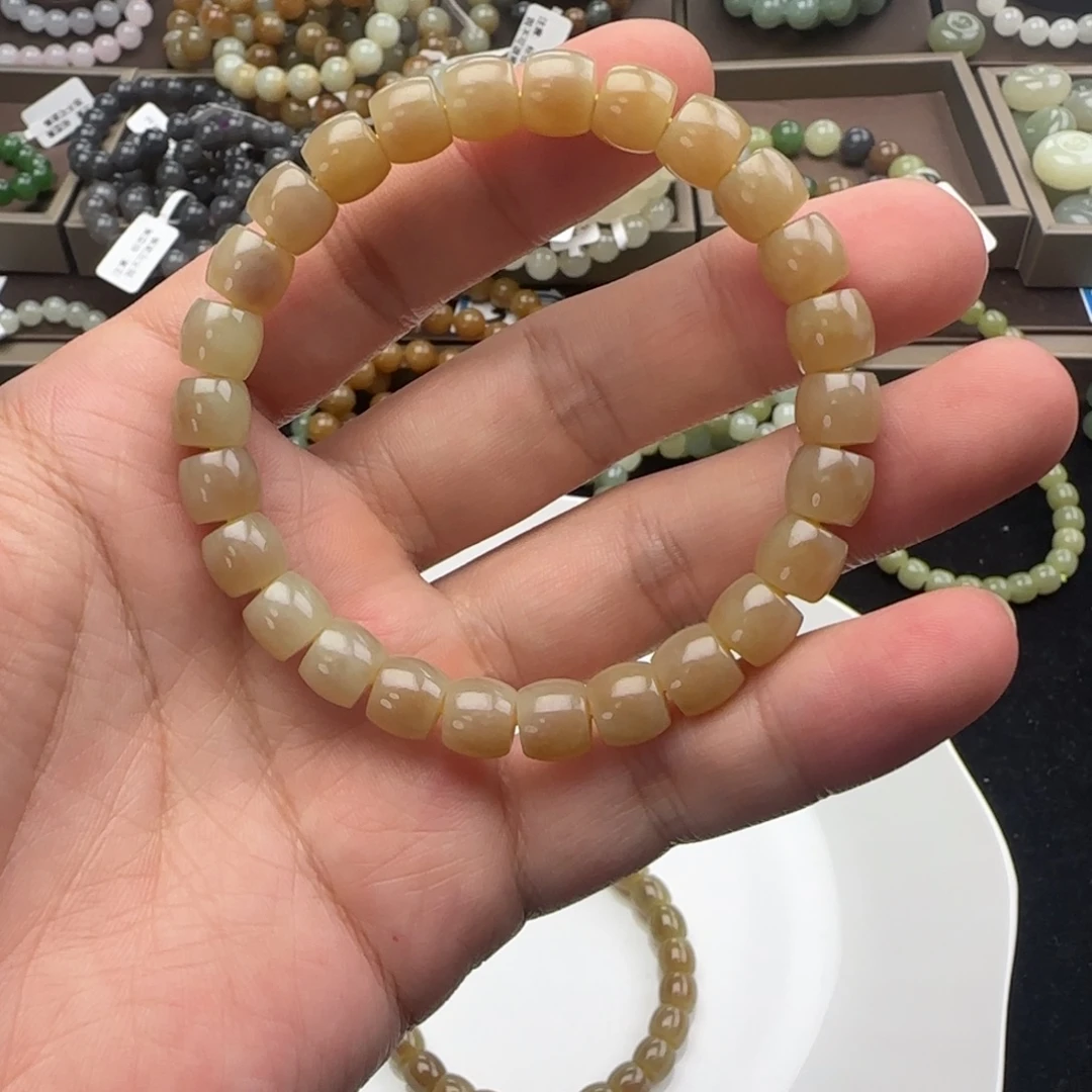 和田玉未镶嵌手链卡8糖黄新疆直切，3