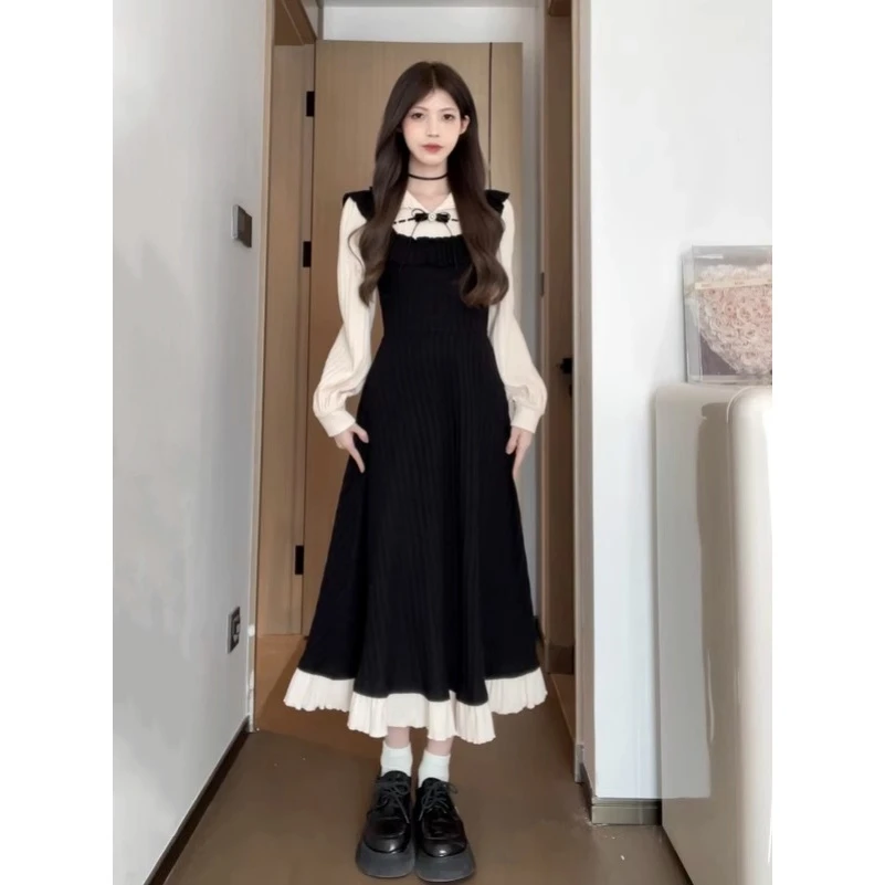 法式甜美假两件气质连衣裙秋冬收腰衣服长裙高级感温柔知性女2032