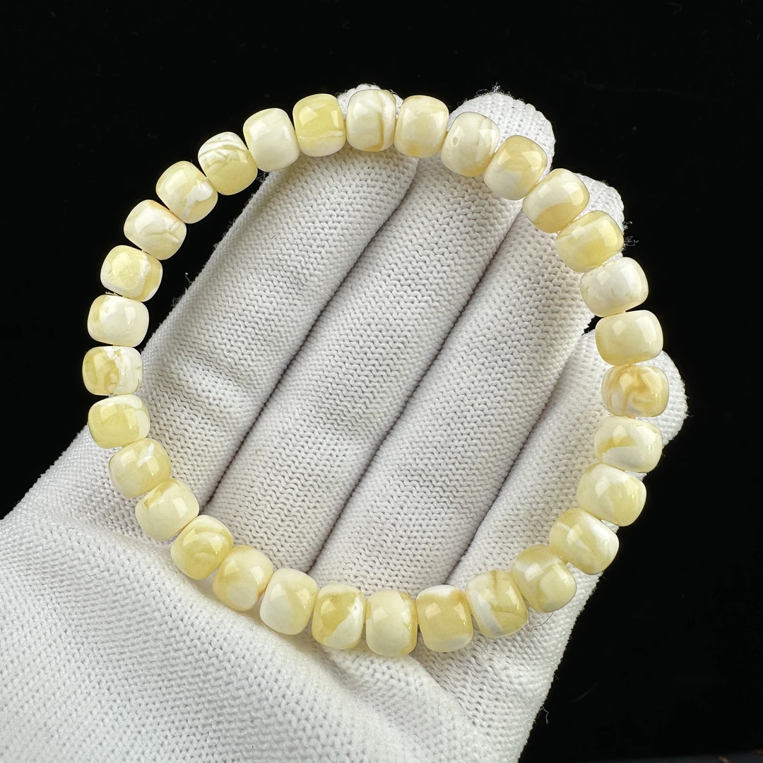 R2468天然原矿蜜蜡 瓷白花手串 7.5*6mm抖音基地质检发货