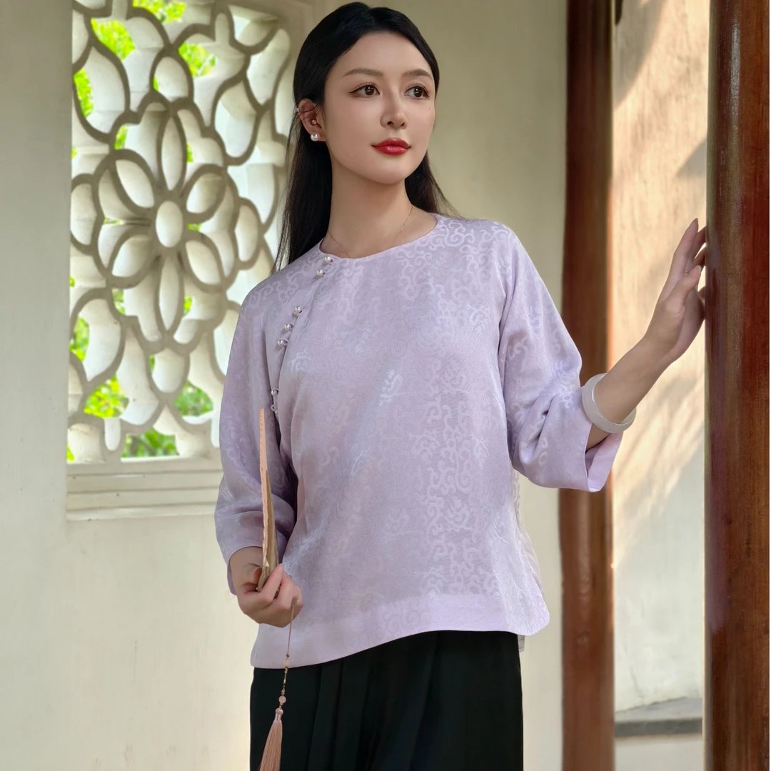 中国丝绸隆鹊『卷草纹浅紫』罗上衣新中式国风夏季高级感轻奢女装