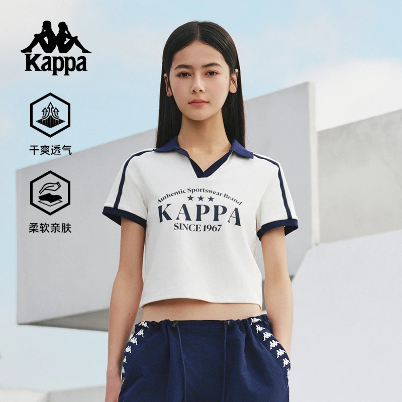 Kappa/卡帕T恤肩厚显瘦上衣ol百搭运动时尚撞色印花套装圆领短袖