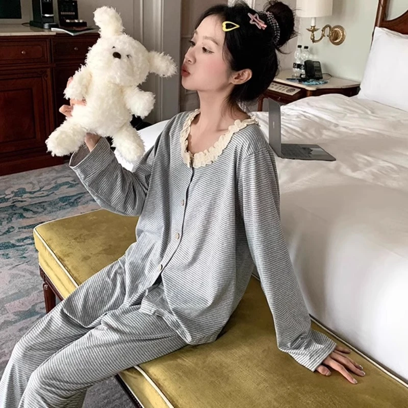 【带胸垫-条纹春秋纯棉】月子服孕妇哺乳衣睡衣家居服薄款网红