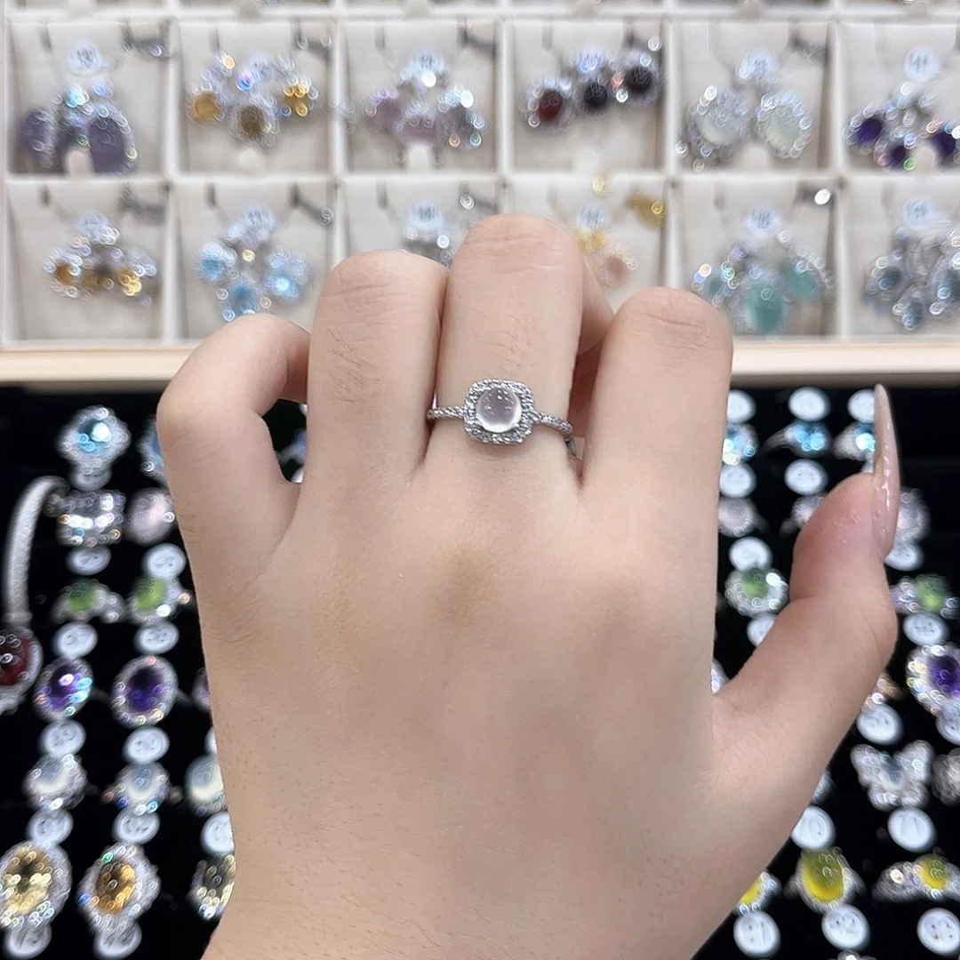 岫玉银S925镶嵌戒指白月光方糖