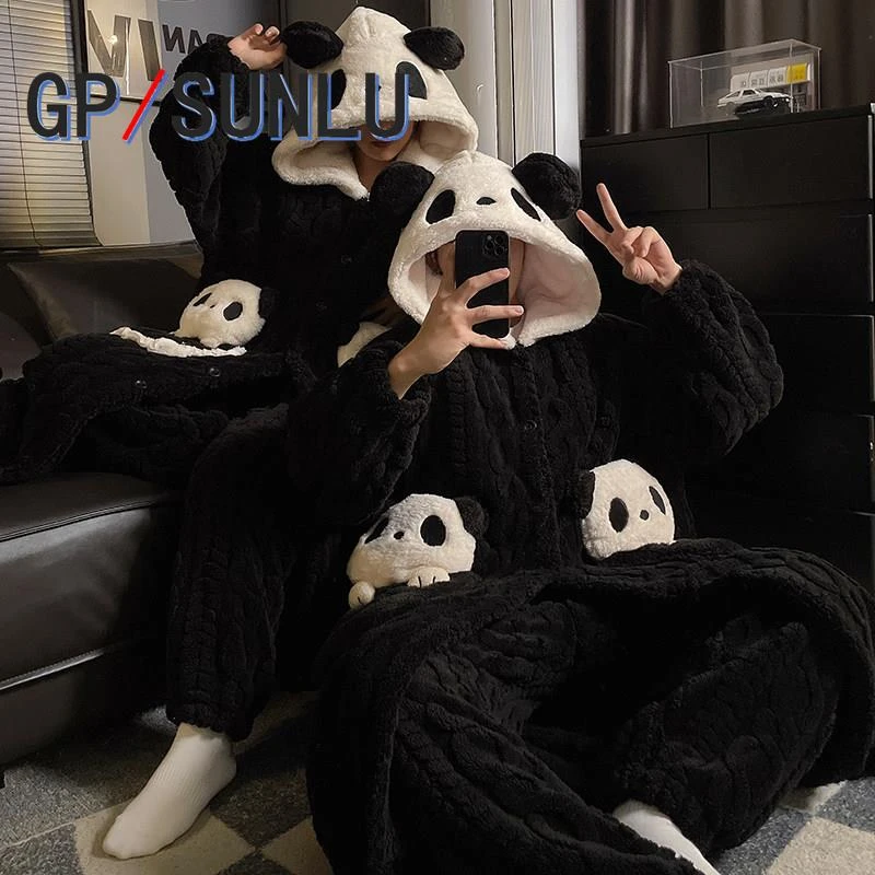 日本小众GP情侣睡袍女秋冬季珊瑚绒加厚加绒卡通睡衣男士冬天家居