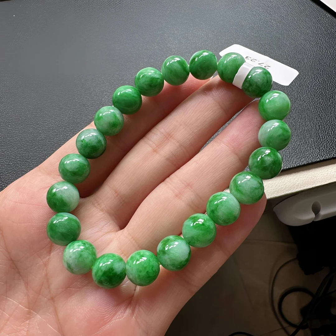 天然A货翡翠手串卡9.3mm老坑种飘阳绿女士妈妈时尚圆珠单圈手串