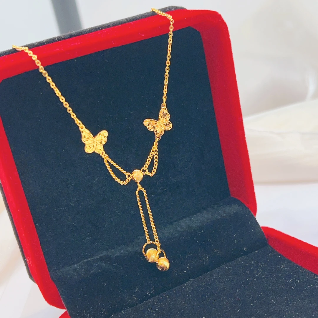 坠链均足银 足银碎冰冰双蝴蝶流苏套链T422