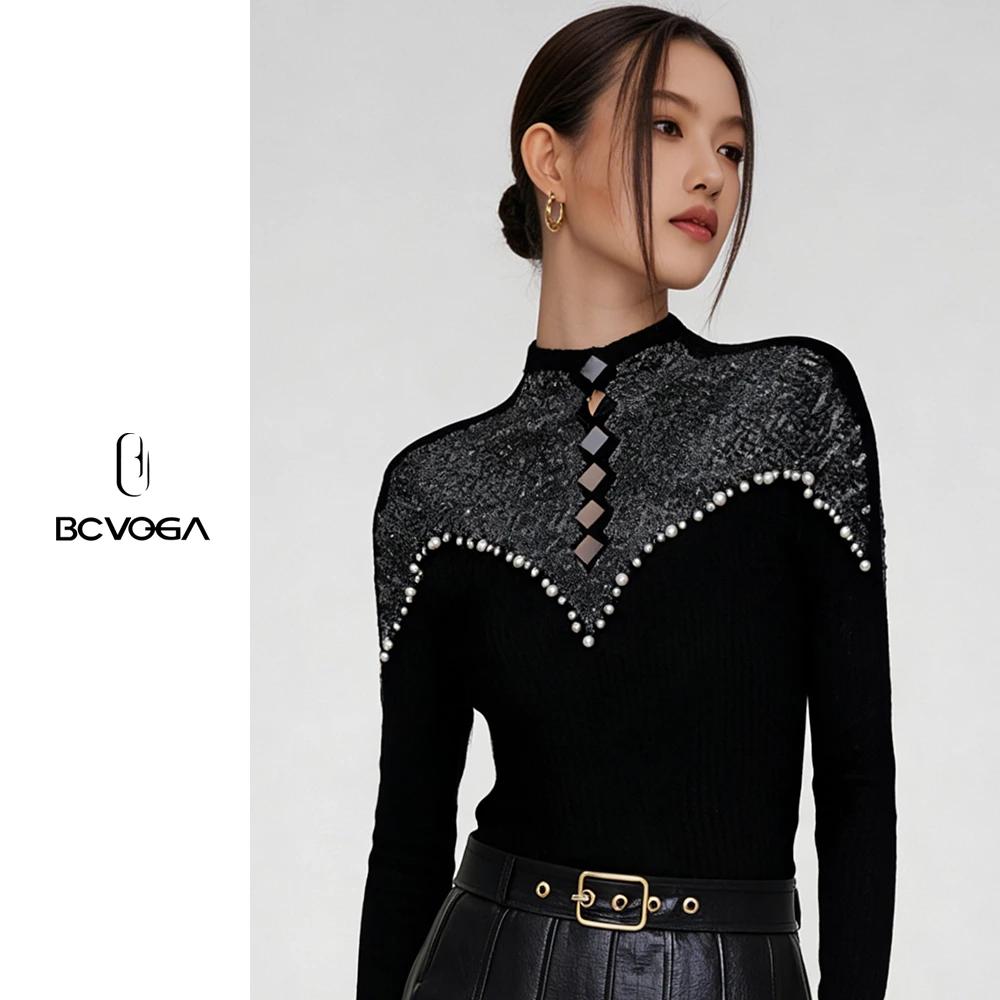 BCVOGA毛衫镂空衣服半高领针织衫时尚女装黑色显瘦长袖上衣秋冬