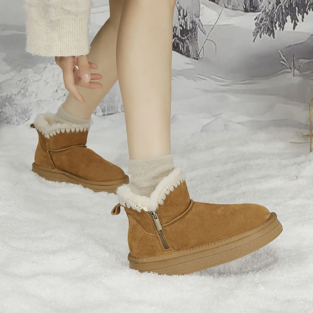 （清仓）侧拉链厚底雪地靴款加绒加厚冬季保暖羊皮毛一体短靴棉靴