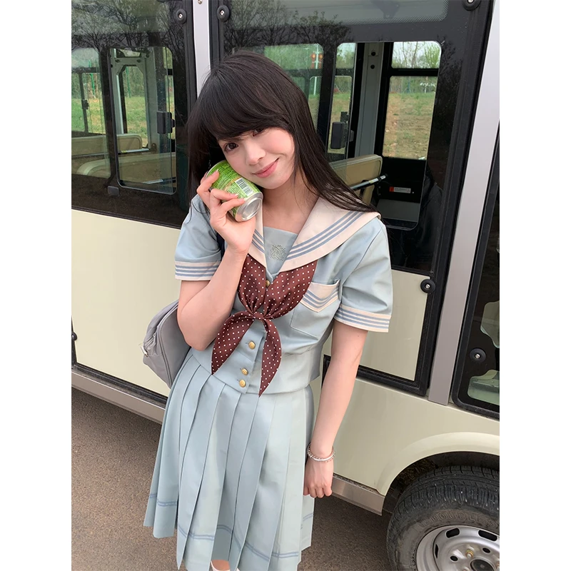 冰淇淋与鲸【川晴女子】水手服套装原创JK短袖衬衫百褶裙两件套女