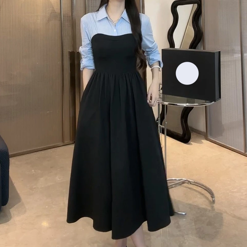 法式高级感赫本风黑色衬衫连衣裙春秋高端精致气质小众假两件长裙