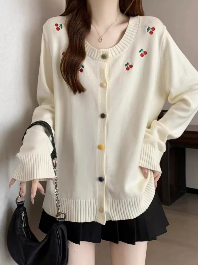 樱桃刺绣薄款针织开衫外套女2025新款大码胖MM彩色扣上衣#7008
